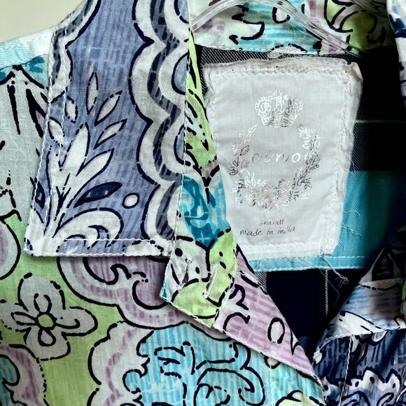 Cino SUNDANCE Floral Plaid Mixed Print Button Down Top Size S Blue Cotton - Picture 7 of 16